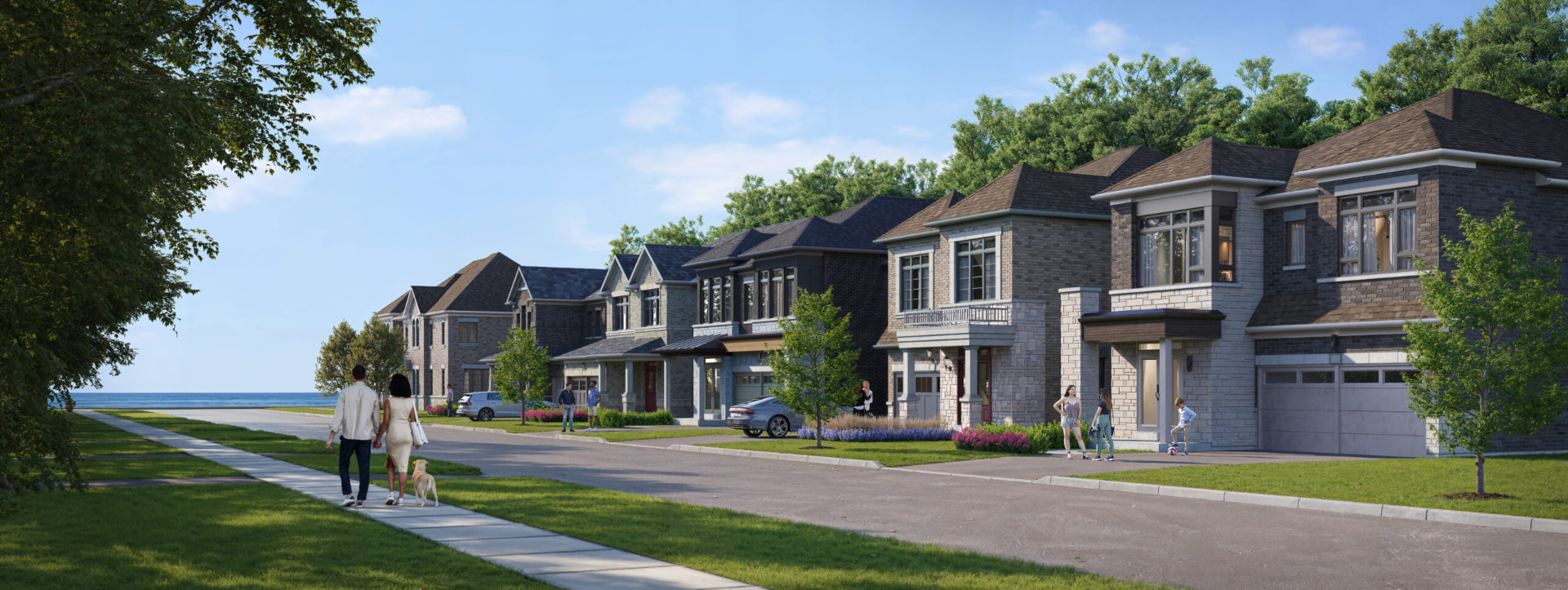 Streetscape of all-brick detached homes at Park and Lake, steps from the Lake Ontario shoreline